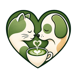 Cat and dog nose to nose inside a heart above a matcha cup