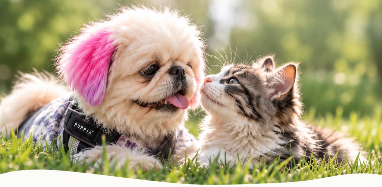 Yeti, a small fluffy dog, and Casper, a tabby kitten, nose to nose in the grass