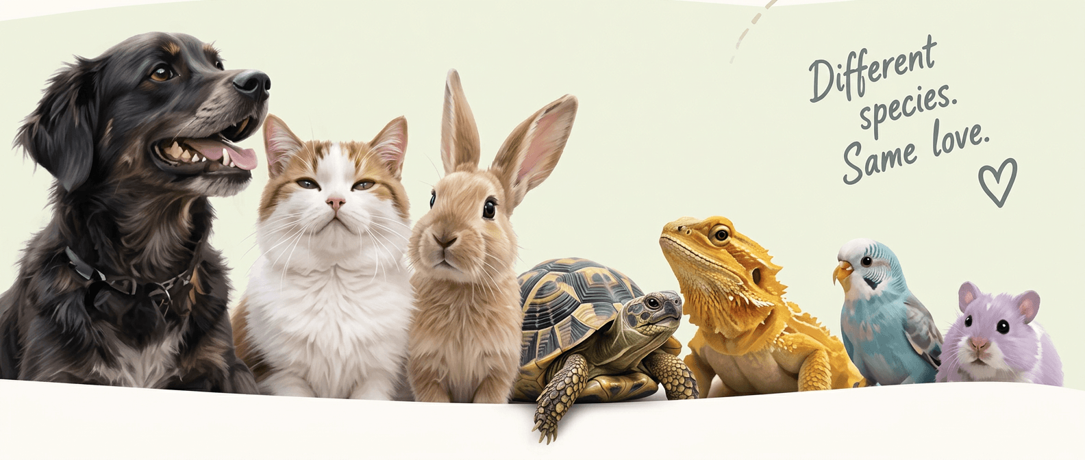 A dog, cat, rabbit, turtle, bearded dragon, bird, and hamster
