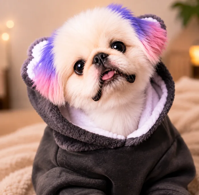 Yeti, a small fluffy dog in a black hoodie